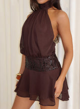 Zenayda Drop Waist Sequin Mini Dress Brown