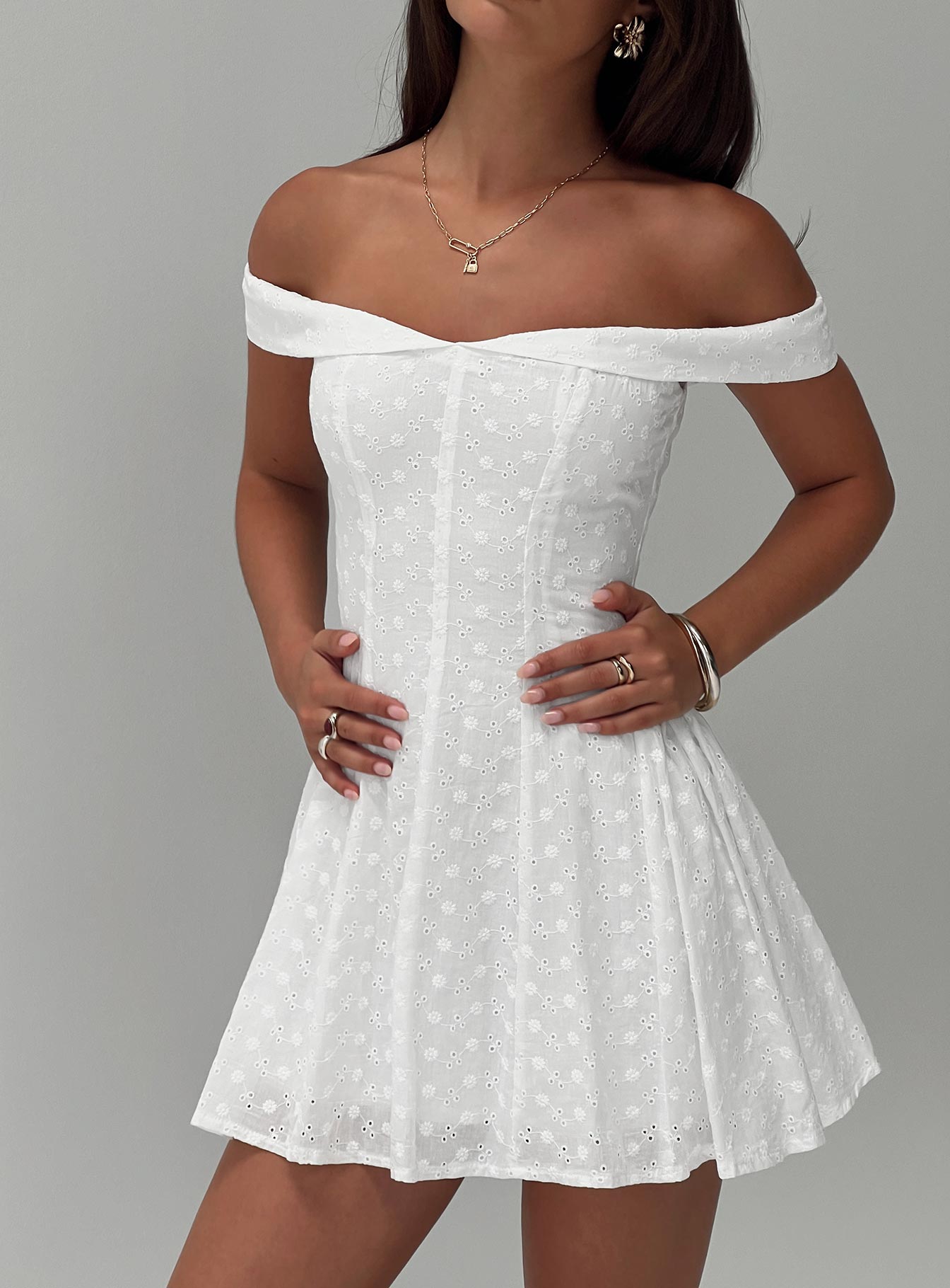 Rosebud Broderie Off The Shoulder Mini Dress White