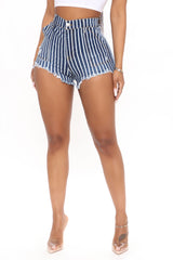 Come Aboard Conductor Stripe Denim Shorts - Dark Wash