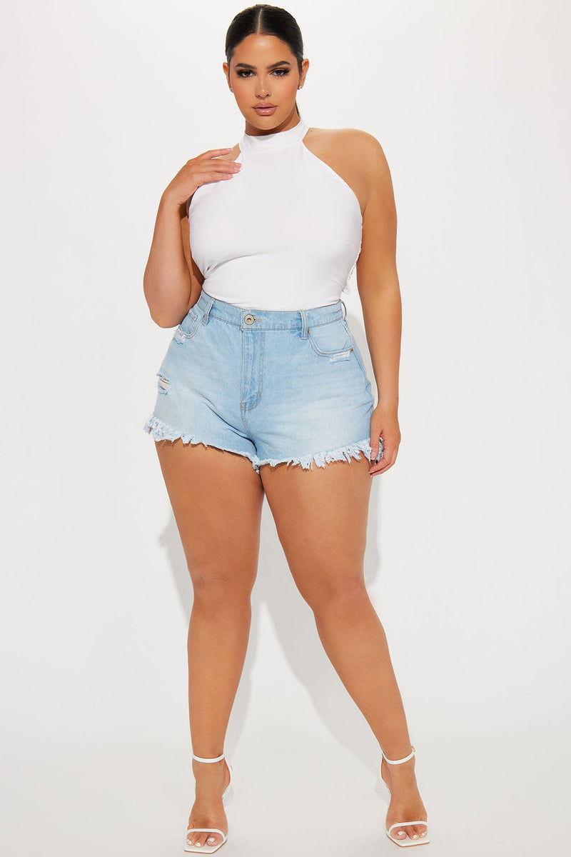 Certified Lover Girl Fray Hem Denim Shorts - Light Blue Wash
