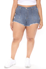 Come Aboard Conductor Stripe Denim Shorts - Dark Wash