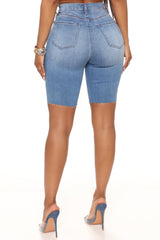 Clock Strikes Midnight Stretch Denim Bermudas - Medium Blue Wash