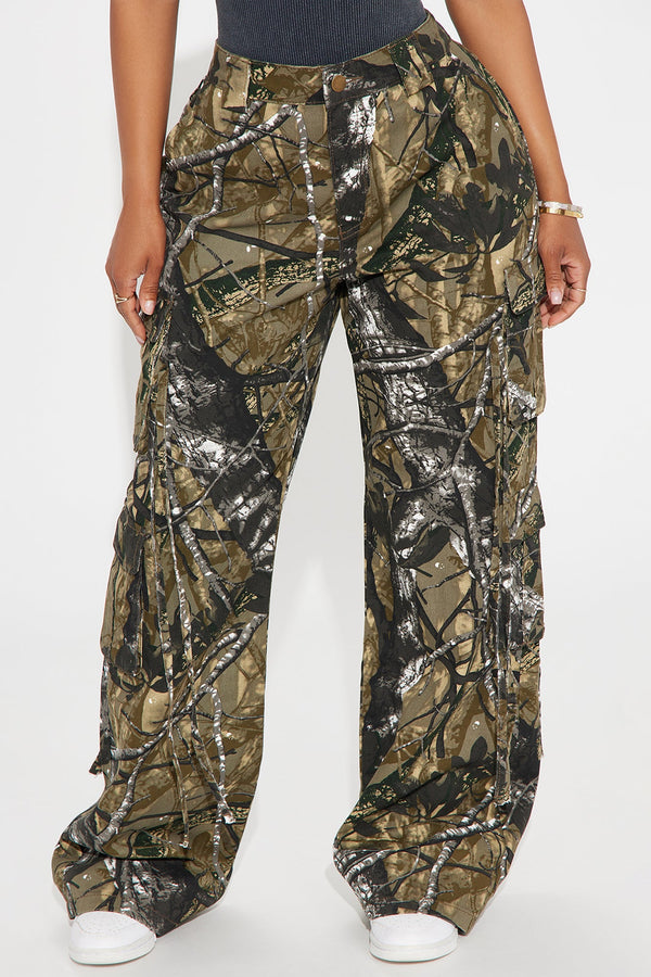 Golden Hour Wide Leg Tree Camo Cargo Pant - Olive/combo