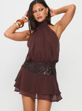 Zenayda Drop Waist Sequin Mini Dress Brown