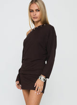 Sakaia Long Sleeve Eyelet Mini Dress Brown