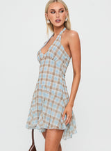 Valorie Halter Mini Dress Blue Check