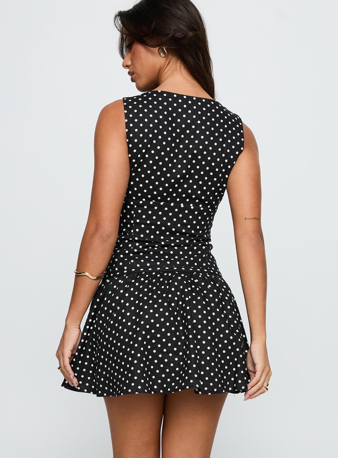 Alissea Keyhole Linen Blend Mini Dress Black Polka