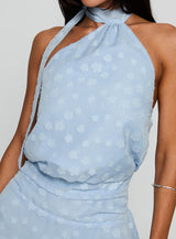 Eurythmic Scarf Halter Mini Dress Blue Jacquard