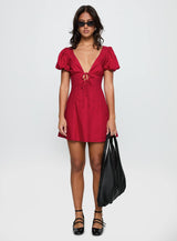 Beloved Puff Sleeve Linen Blend Mini Dress Red Polka