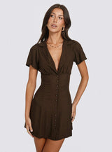 Pique Button Down Mini Dress Brown