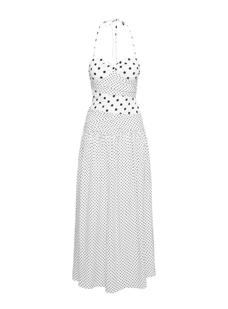 Marguerite Halter Maxi Dress White Polka